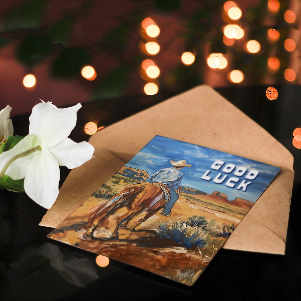 image 1 of Cowboy Riding Horse Arizona Wild West Landscape Good Luck Card