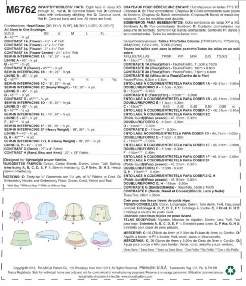image 1 of McCall's 6762 Paper Sewing Pattern – Baby Headwear, Sizes XS–S–M–L, Intermediate