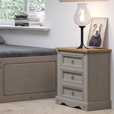 Corona 3 Drawer Premium Bedside Table - Solid Pine Nightstand with Metal Hardware | Grey | Grey Wax | One Size | 1
