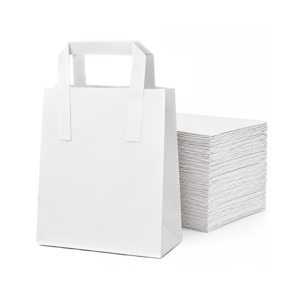 image 1 of ECONX Large White Kraft Paper Bags With Handles SOS Bags Takeaway Grocery Party Carrier Bags x 100pc