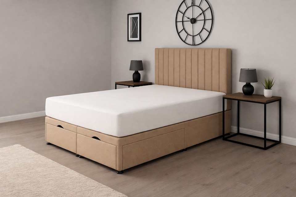 image 1 of Ottoman Storage Apollo Beige Plush 4ft6 Double Bed Set with Headboard and Mattress