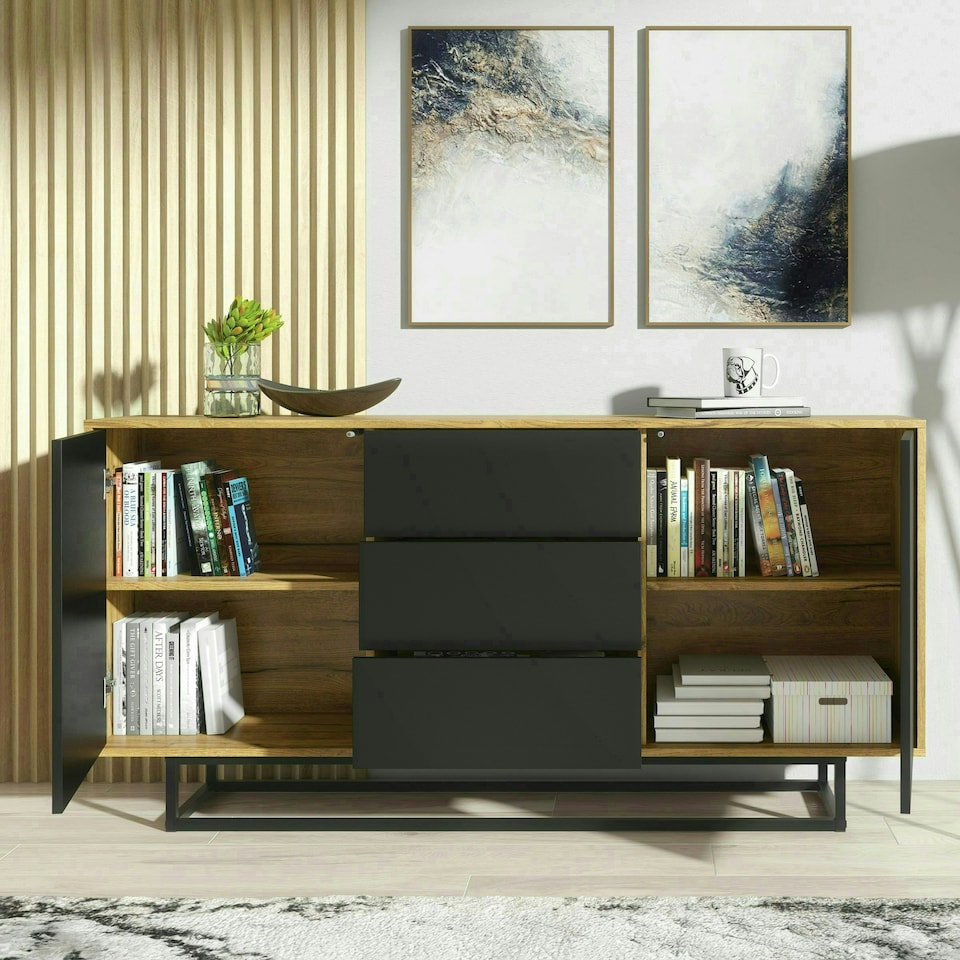 image 1 of Sideboard 140cm Oak Body with Black Drawer and Door Fronts Multi