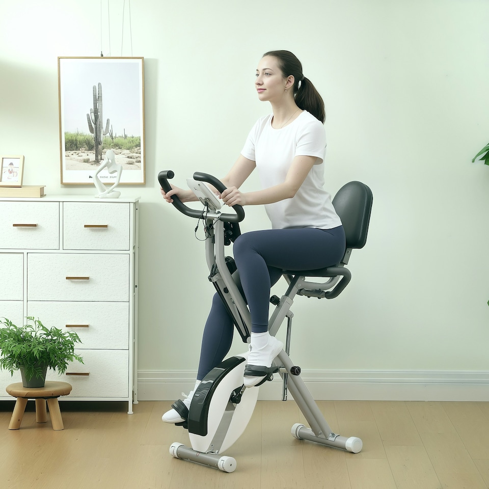 image 1 of SPORTNOW Folding Exercise Bike with Arm Bands and Hand Pulse Sensor, White