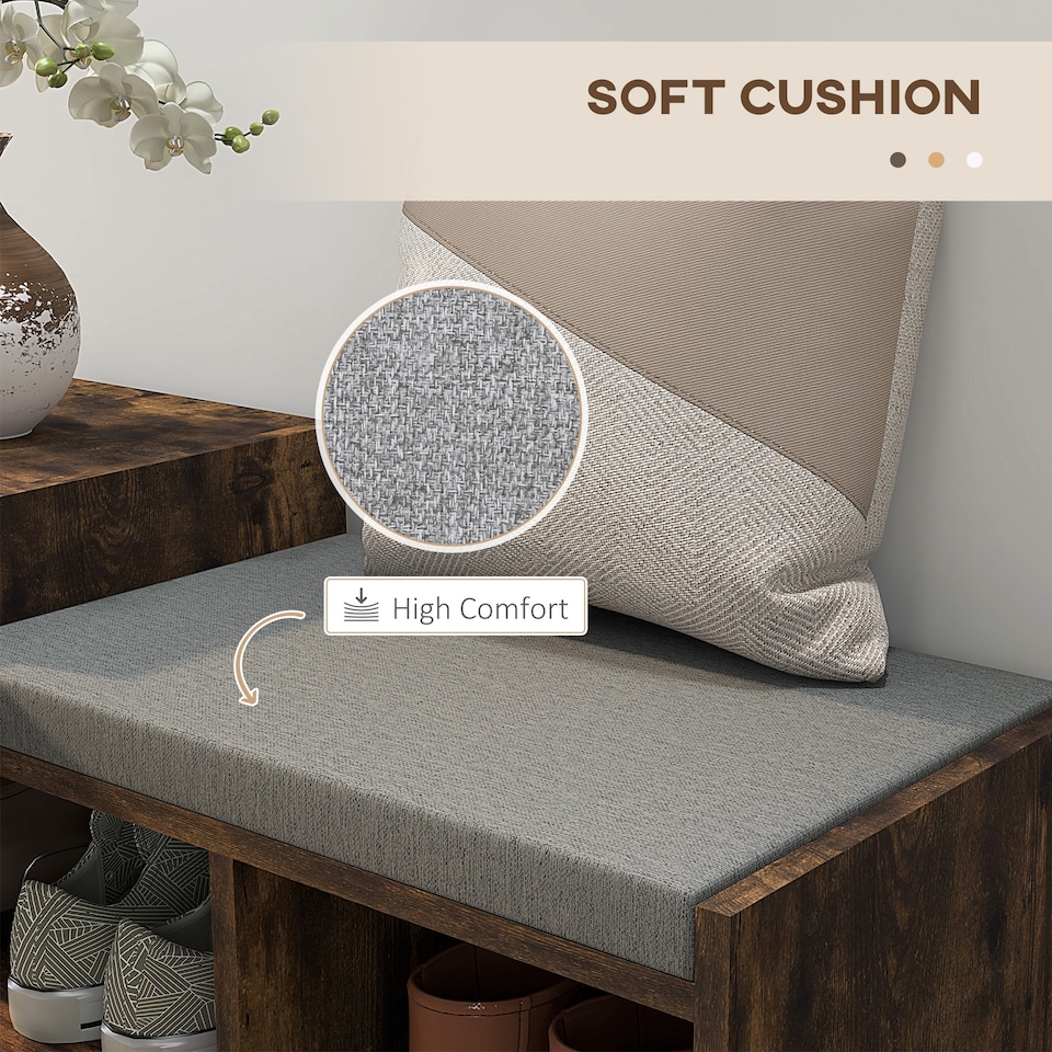 image 1 of HOMCOM Shoe Storage Bench, Shoe Rack Bench with Seating Cushion, Drawer, 3 Open Compartments and Table Top for Entryway, Hallway, Rustic Brown | Brown | Rustic Brown