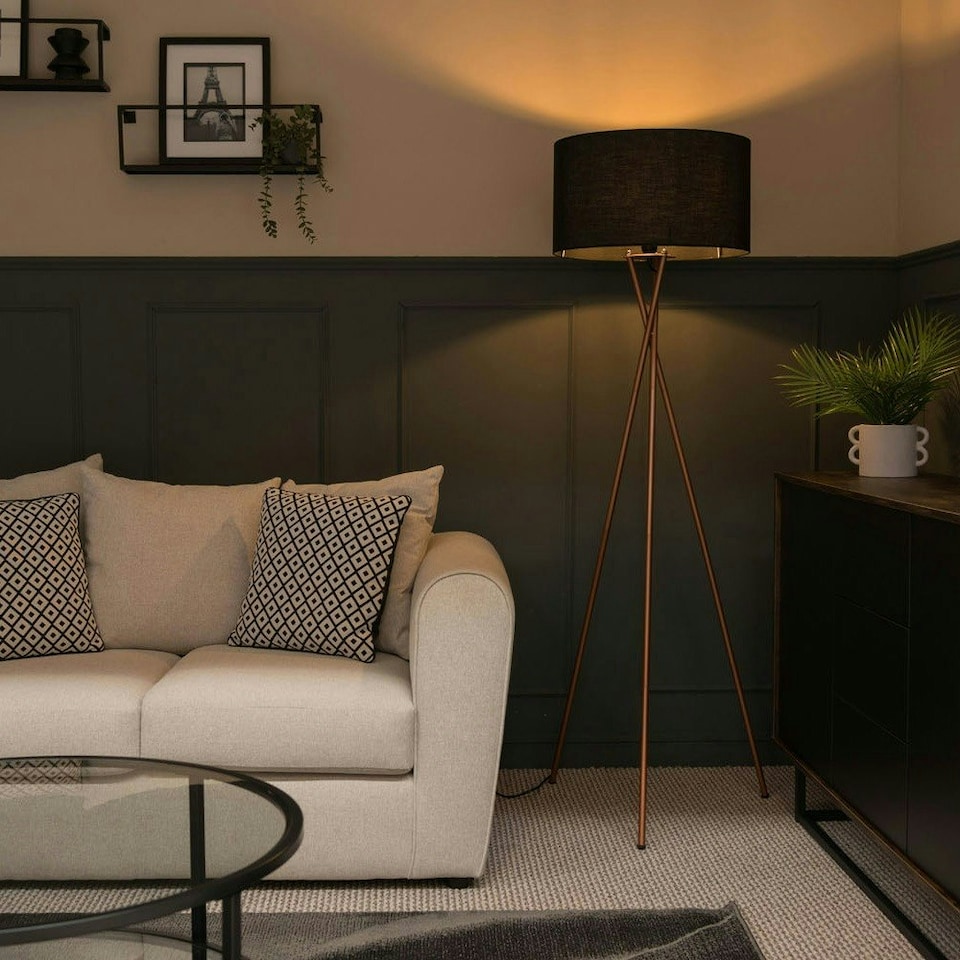 image 1 of ValueLights Camden Copper Tripod Floor Lamp Black Shade & Bulb Black