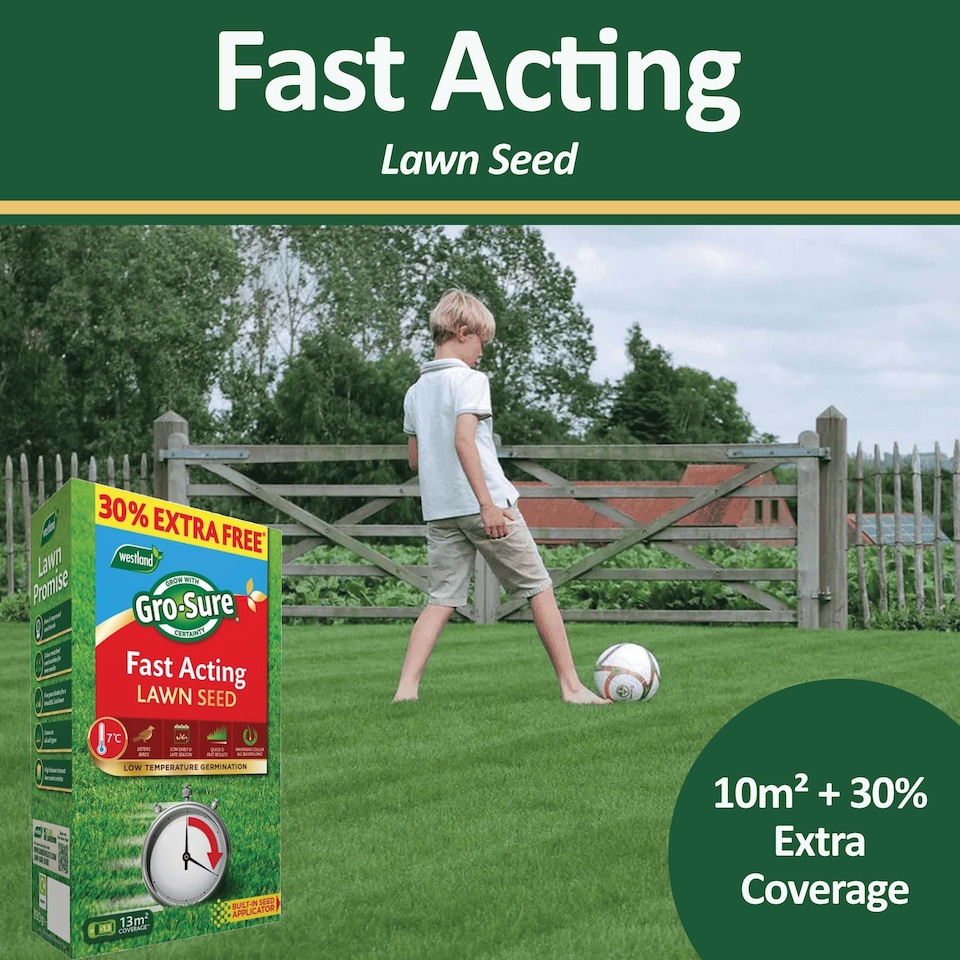 image 1 of Westland GRO-Sure Fast Acting Lawn Seed 10 Meter Square + 30 Percent Extra Quick Germination Grass Seed for Lawn Repair & Growth