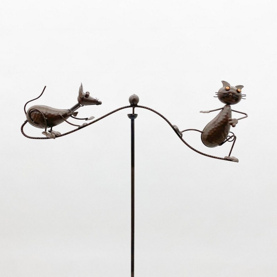 image 1 of 54 Inch Garden Balance Cat with Mouse Stake - Metal - L70 x W70 x H120 cm