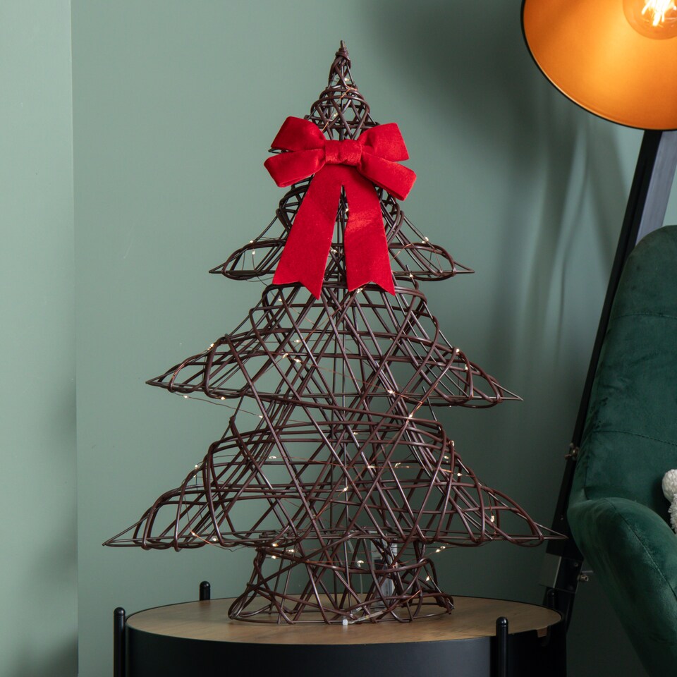 image 1 of 60cm Battery Operated Light up Christmas Tree with Red Bow & 60 Warm White LEDs