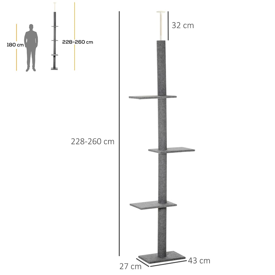 image 1 of PawHut 260cm Cat Tree Floor To Ceiling Adjustable Height, Grey