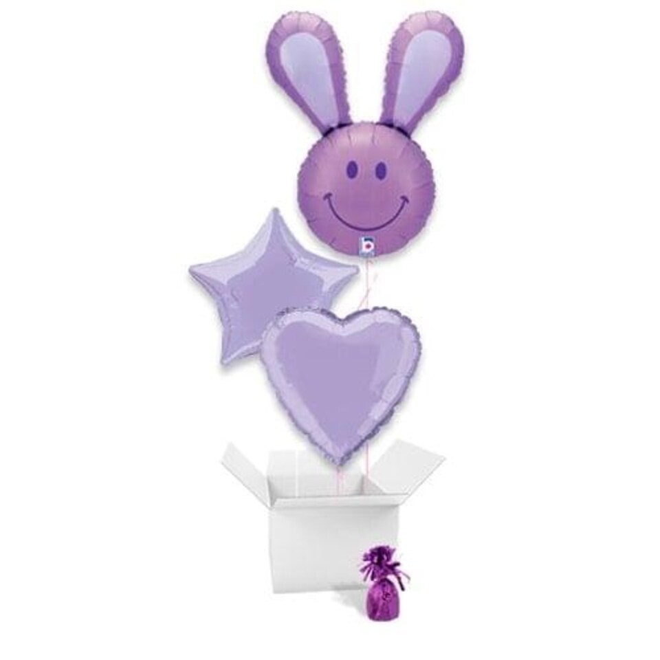 Lavender Smiling Bunny Easter Balloon Bouquet - 3 Inflated Balloons In A Box