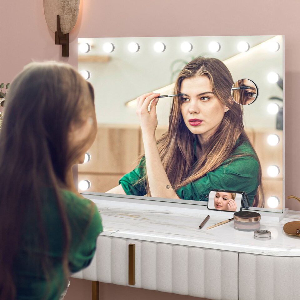 image 1 of HOMCOM Hollywood Vanity Mirror with Lights, Large 80x62 cm Lighted Makeup Mirror with 3 Colour, 18 LED Bulbs, 10X Magnifying, USB Charging Port, Touch Screen, Tabletop or Wall Mounted Design, White