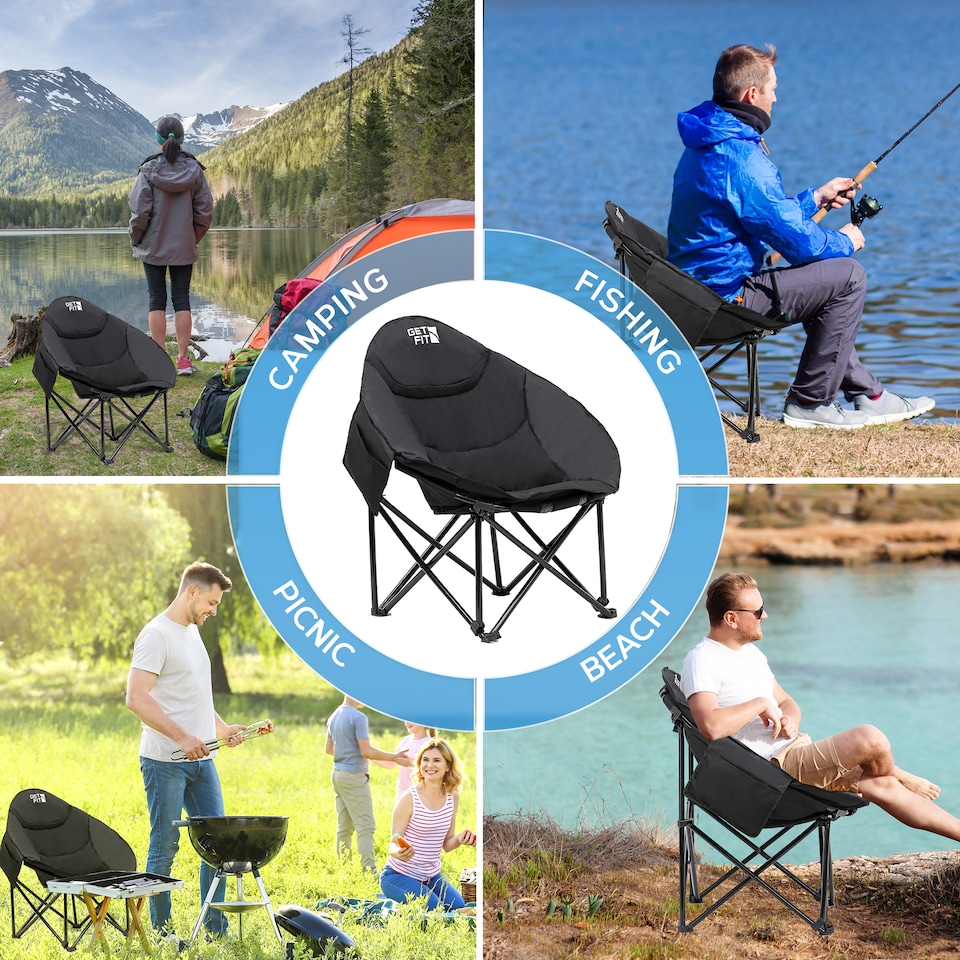 image 1 of Get Fit Moon Camping Chair - Portable Outdoor Premium Folding Chair With Magazine Pocket, Cup Holder & Carry Bag - Capacity 130Kg - 2 Pack | Black | 2