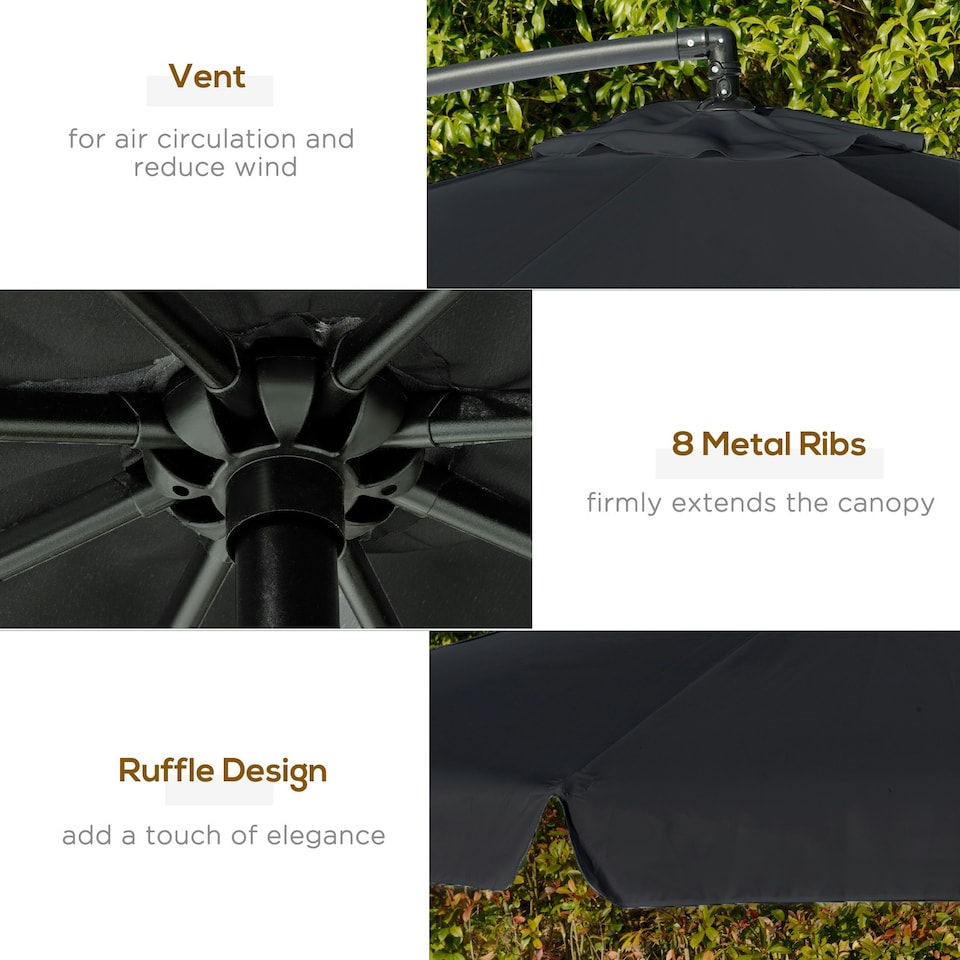 image 1 of Outsunny 2.7m Garden Cantilever Banana Parasol Sun Shade w/ Crank, Black