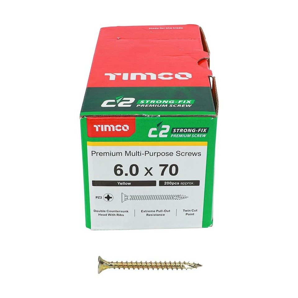image 1 of Timco - C2 Strong-Fix Multi-Purpose Premium Screws - PZ - Double Countersunk - Yellow (Size 6.0 x 70 - 200 Pieces)