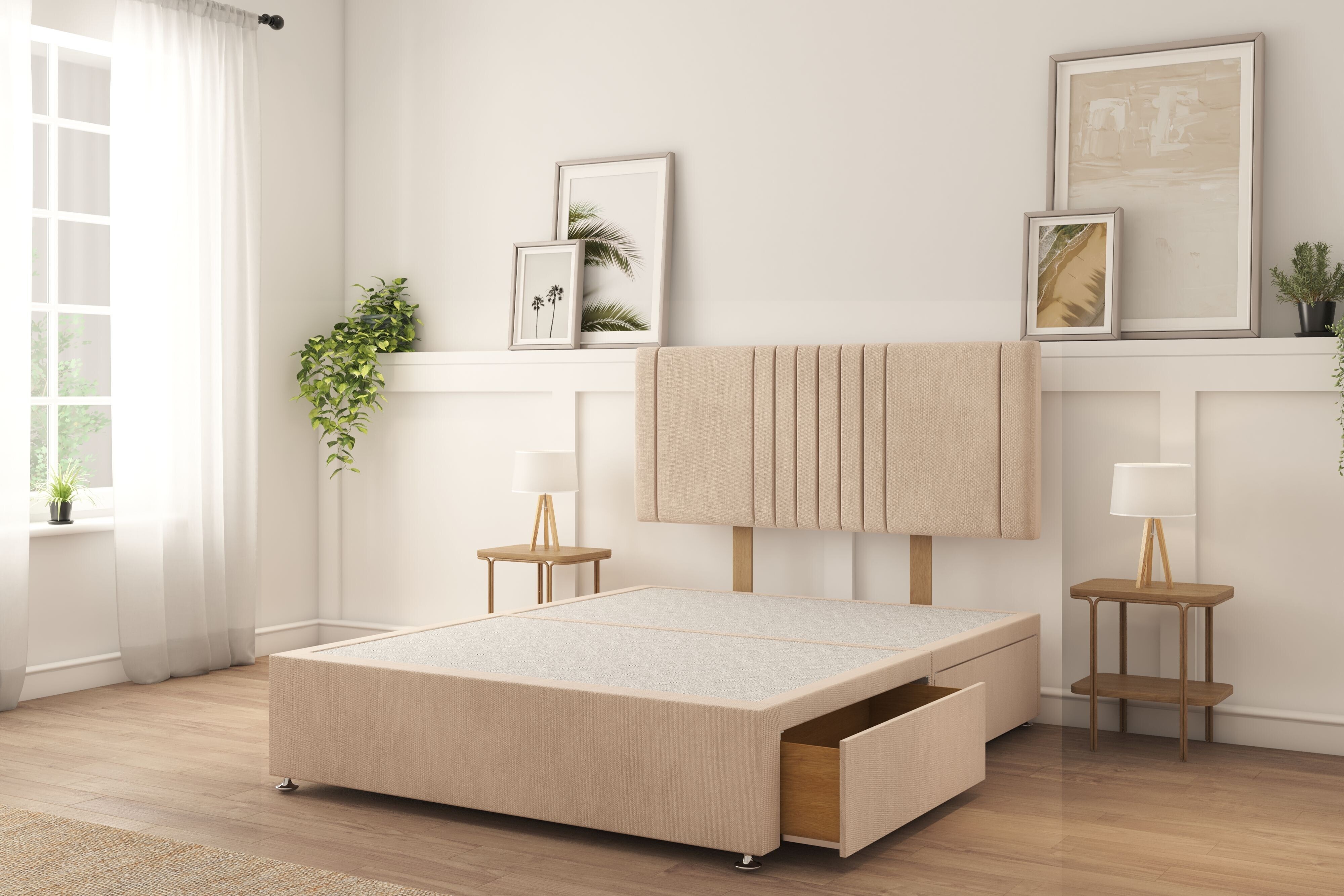 Sloomy Langston Sand Naples Divan Bed Base 2 Drawers Foot-End With 26" Strutted Headboard 4'6 Double