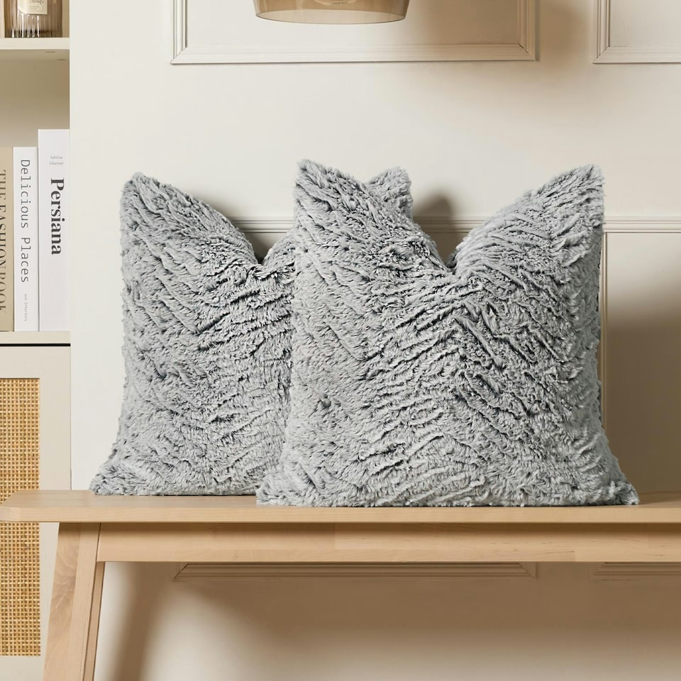 image 1 of OHS 2 x Two Tone Faux Fur Plush Cushion Covers, 45x45cm - Grey