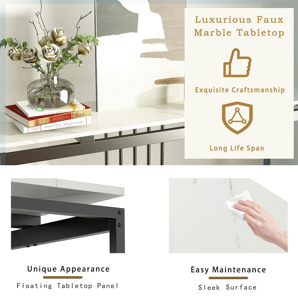 image 1 of COSTWAY 120cm Console Table Faux Marble Sofa Side End Table White Black