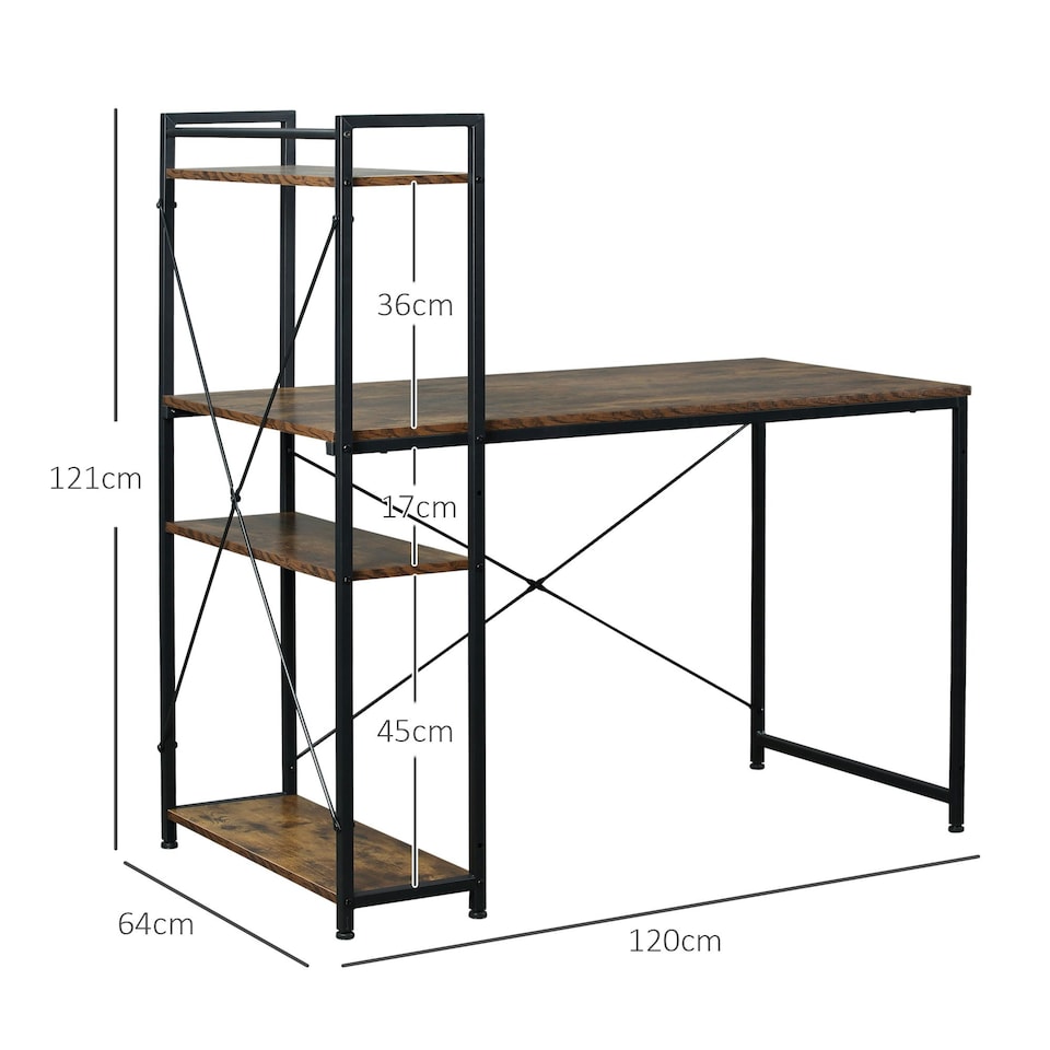 image 1 of HOMCOM Computer Desk Laptop Table w/4-tier Bookshelf  Metal Frame Brown, Black