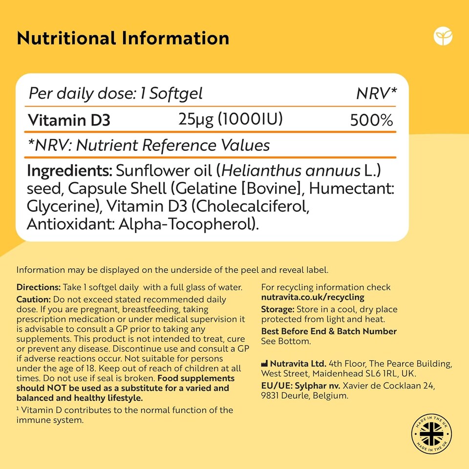 image 1 of Nutravita Vitamin D 1000 IU (25mcg) for Maintenance of Healthy Immune System, Muscles, Bones & Teeth - Vitamin D3 Cholecalciferol - 365 VIT D Softgels