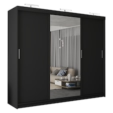 Sliding Wardrobes 4U Modern 3-Door Sliding Wardrobe with Central Mirror & Drawers – 250cm, White, Black, Grey, Oak | Black | Black250cm | 250cm
