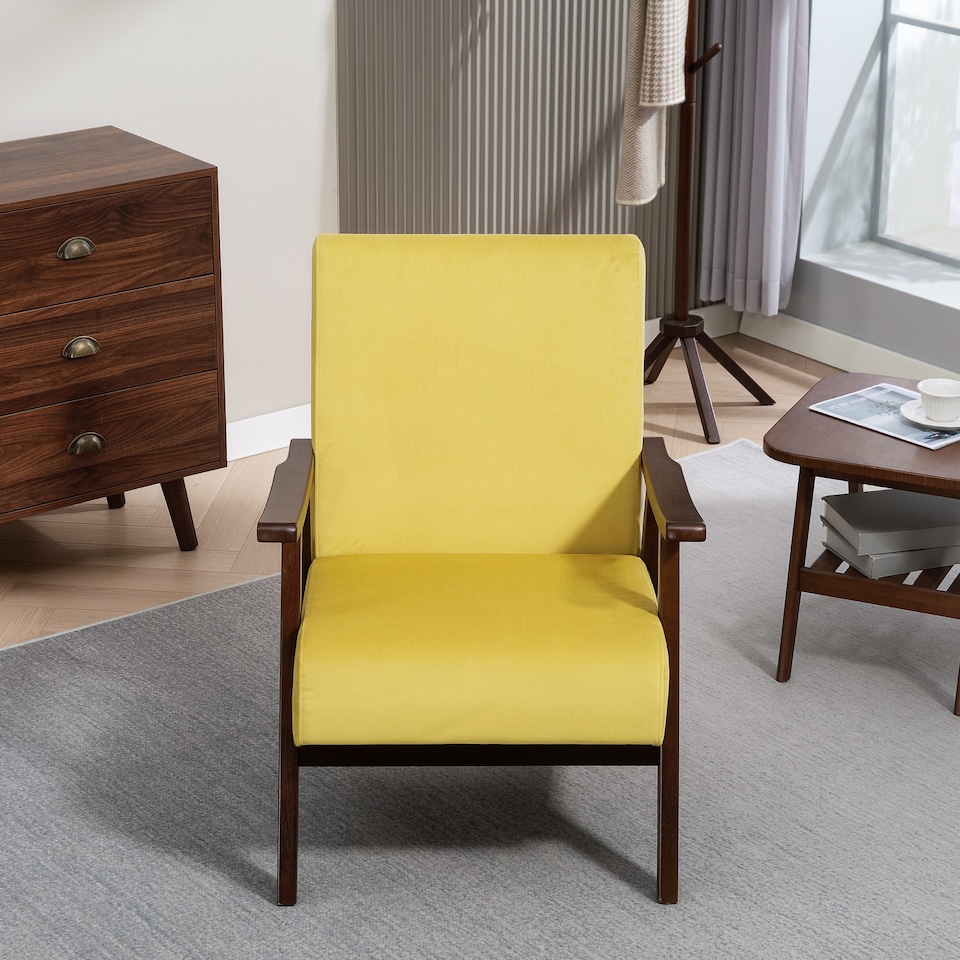 image 1 of HOMCOM Nordic Accent Chair, Upholstered Velvet Armchair with Solid Wood Frame and Soft Thick Padded for Living Room, Bedroom, Champagne | Yellow | Yellow
