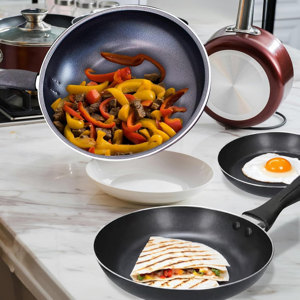image 1 of Set Of 3 Frying Pan Non Stick Fry Kitchen Eggs Breakfast Dinner Pasta Cookware Set