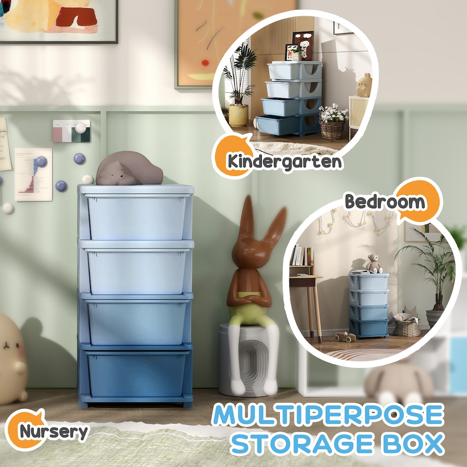 image 1 of HOMCOM Kids Storage Units with Drawers 3 Tier Chest Dresser Tower | Blue | 37 x 37 x 76 cm