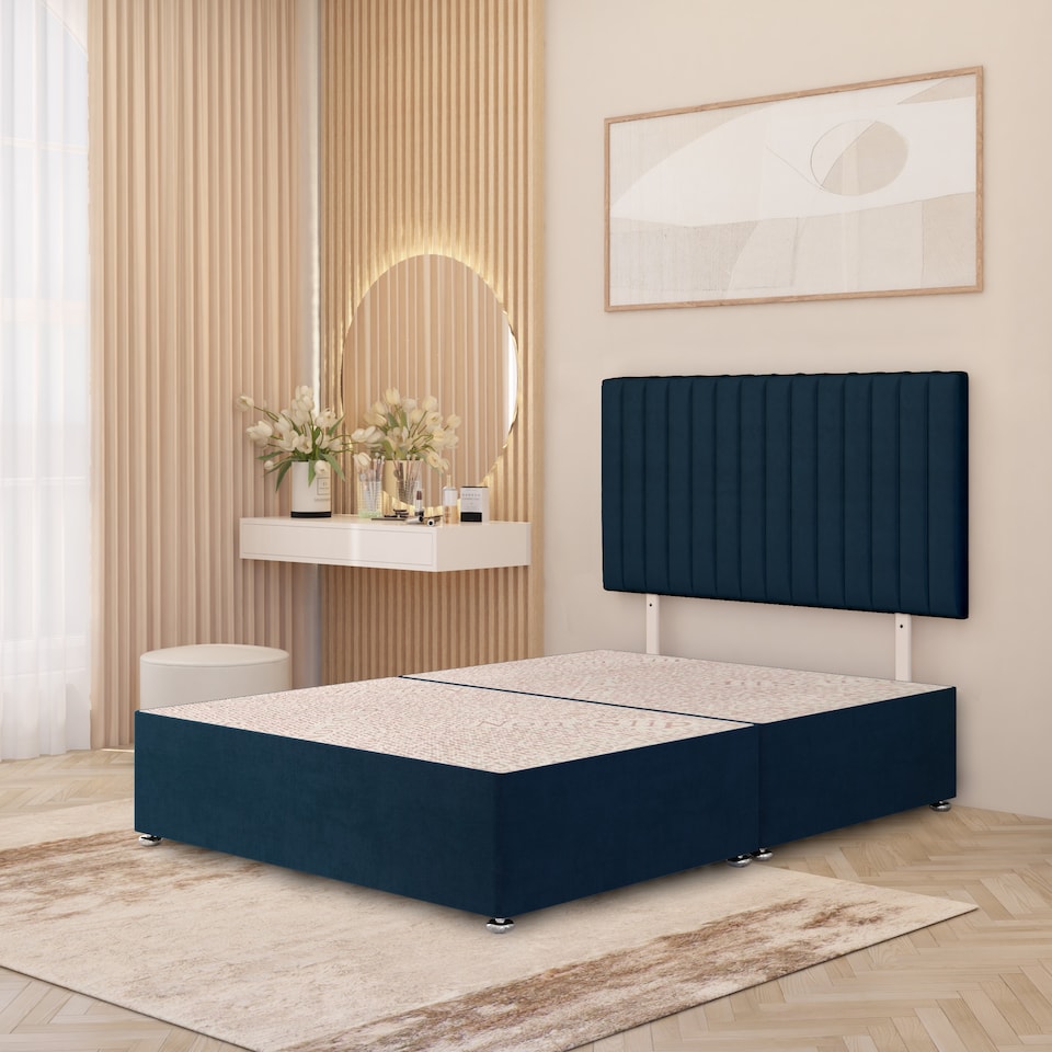 image 1 of Texas Divan Bed Base with 30 Inch Headboard Plush Velvet | Blue | Navy