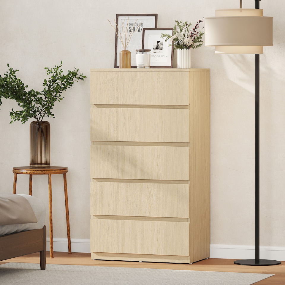 image 1 of HOMCOM Bedroom Chest of Drawers, 5 Drawers Dresser, Drawer Unit | Brown | Natural Wood | 55W x 34D x 100H cm