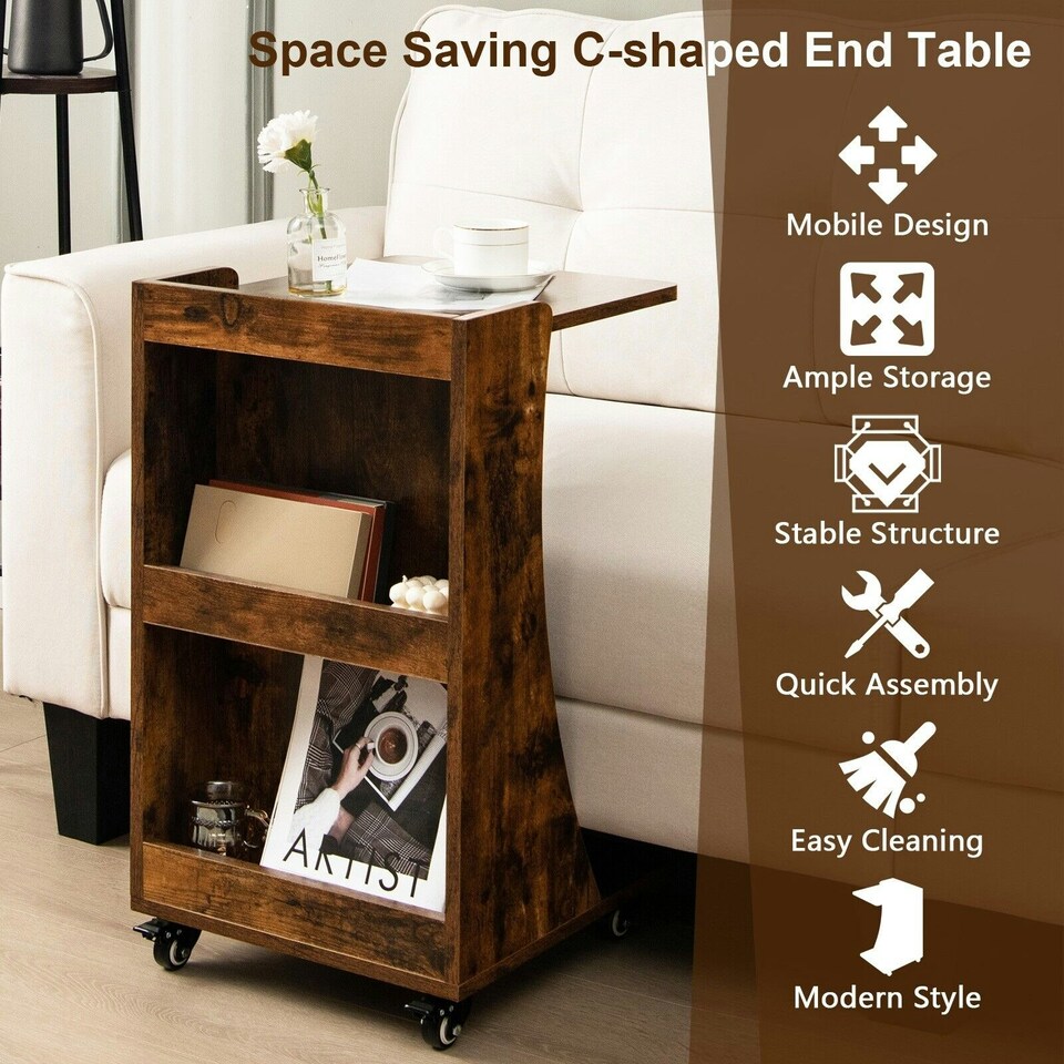 image 1 of COSTWAY C-Shaped End Table Mobile Sofa Side Table Brown