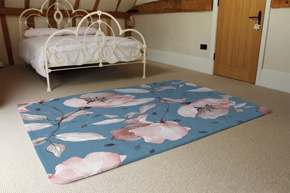 image 1 of Pink Flowers On Blue Rug | Multi