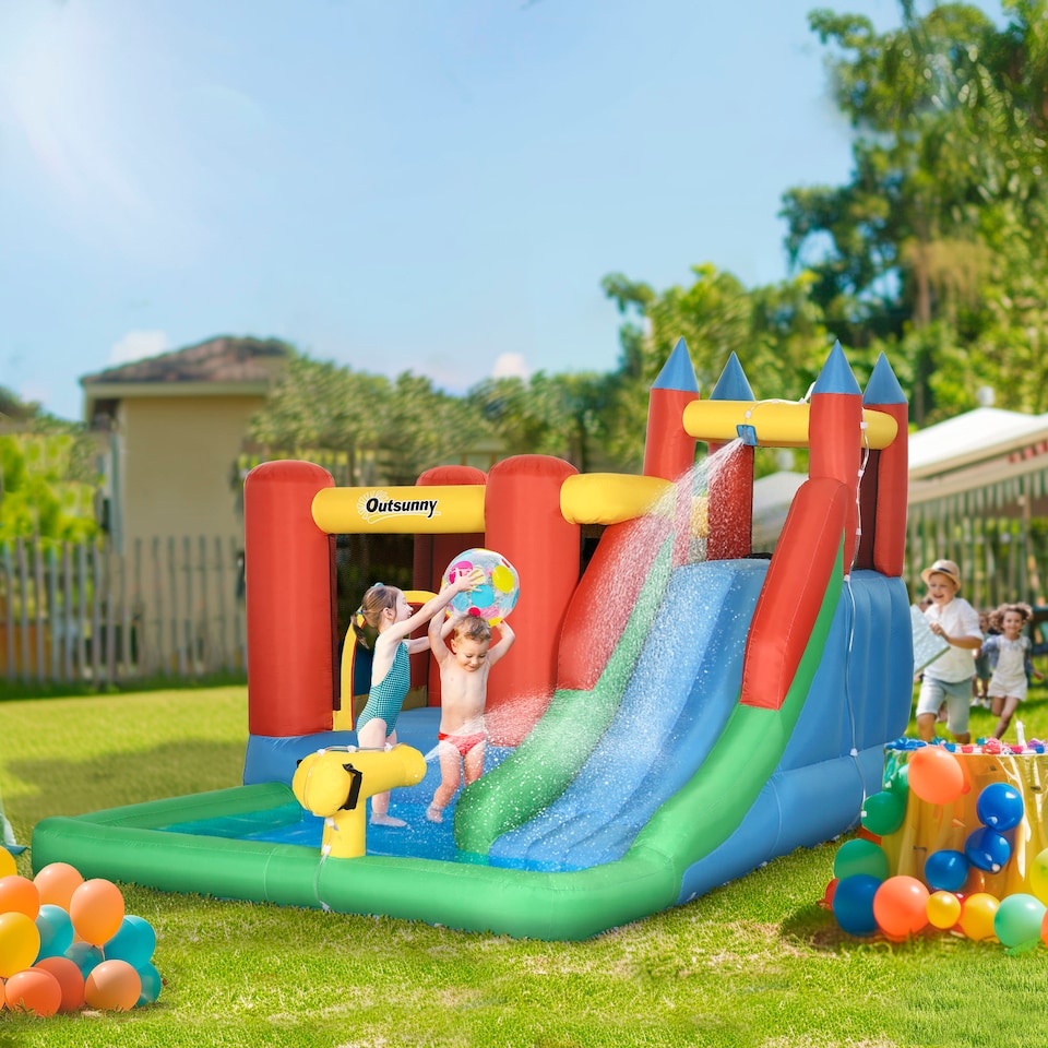 image 1 of Outsunny Kids Bouncy Castle w/ Slide Water Pool Climbing Wall & Trampoline | Multi | Blue, Yellow, Green, Red | 208H x 323L x 236Wcm