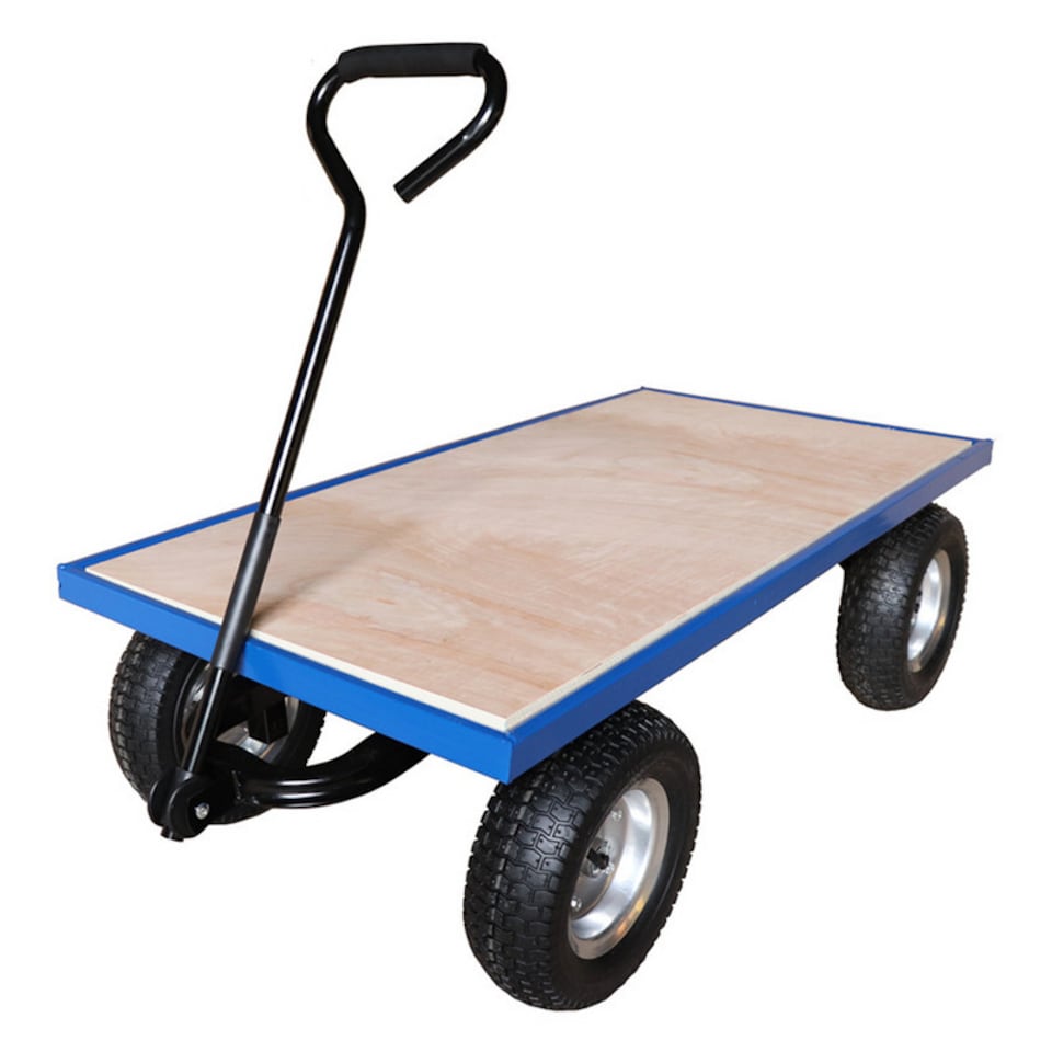 image 1 of Workhorse Trucks General Purpose Platform Truck with Plywood Base, Pneumatic Wheels, 450kg Capacity, Blue Mesh Platform