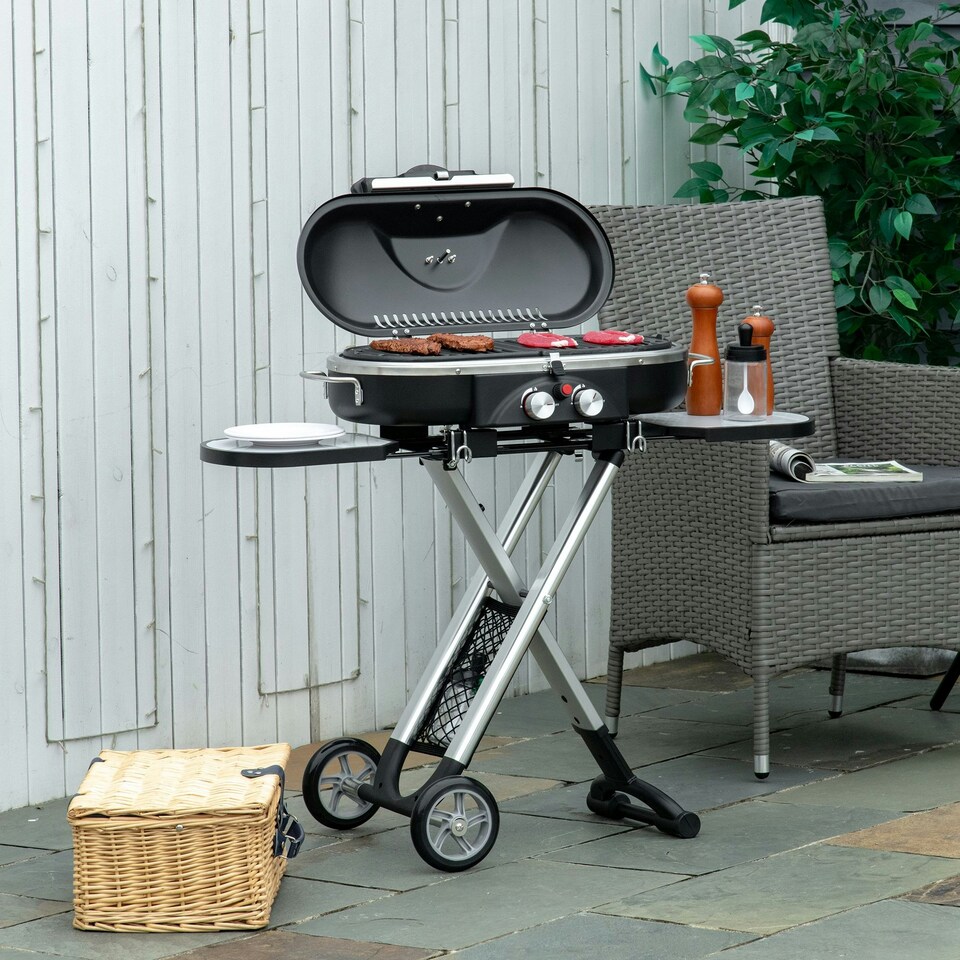 image 1 of Outsunny Foldable 2 Burner Gas BBQ Grill Trolley w/ Side Shelves Storage Pocket
