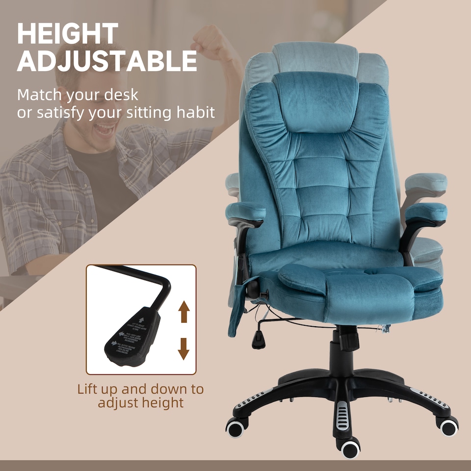 image 1 of Vinsetto Office Chair, Desk Chair with 6-Point Massage and Back Heated, Velvet-Feel Fabric Computer Chair with Arms, Lumbar Support, Blue
