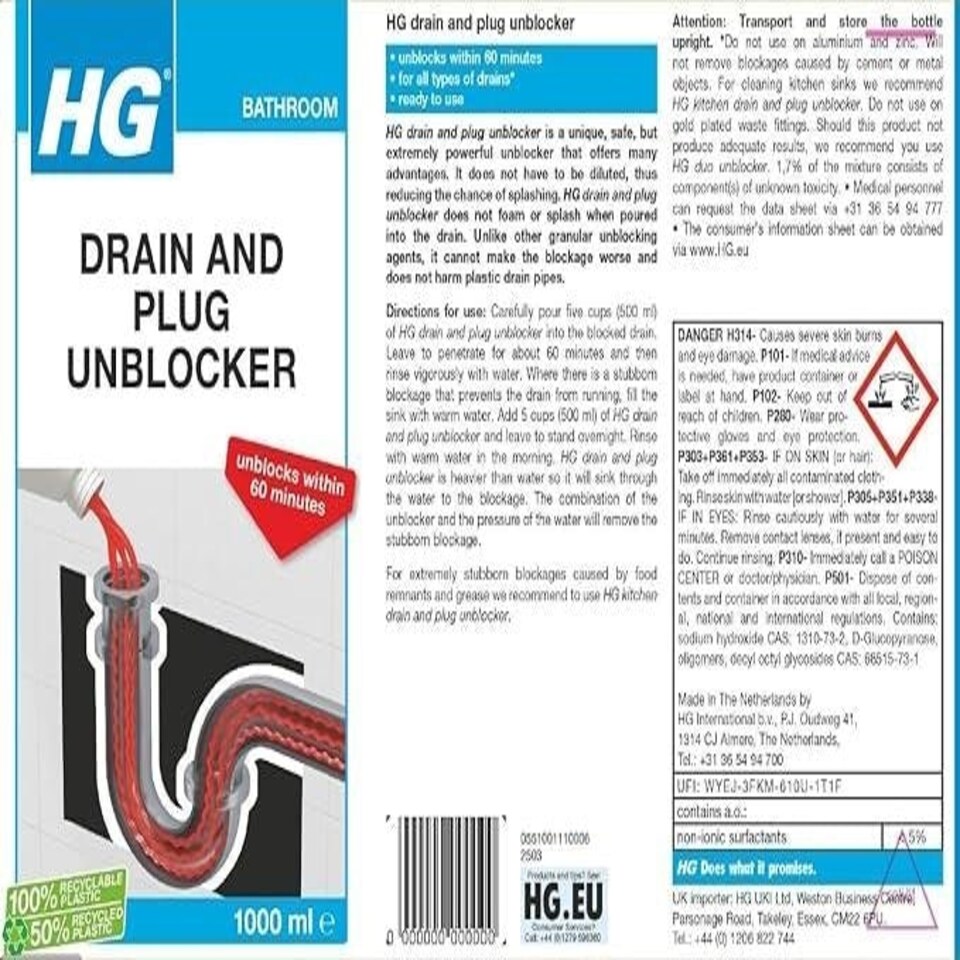 image 1 of HG drain and plug unblocker 0.5L -- 2 Pack