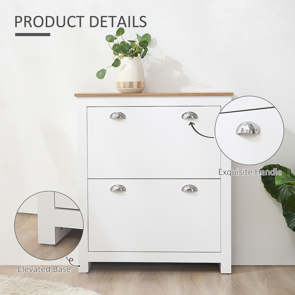 image 1 of HOMCOM 2 Drawer Shoe Cabinet Narrow Shoe Cupboard with Flip Doors, White
