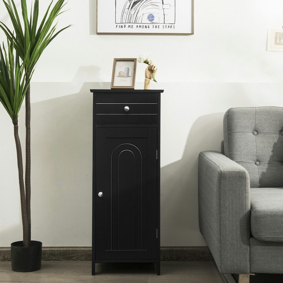 image 1 of COSTWAY Bathroom Storage Cabinet Wooden Cupboard Black Black