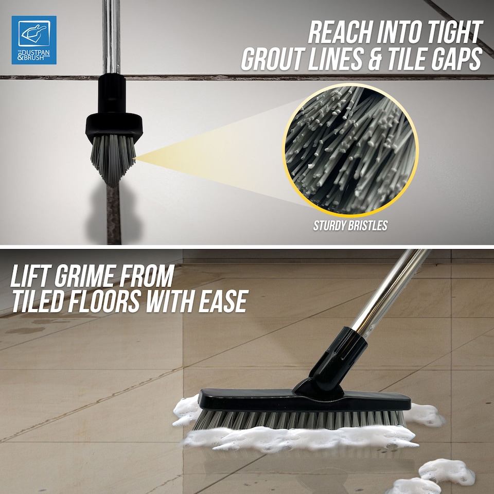 image 1 of Colour-Coded Angled Grout Brush with Handle 180° Swivel Tile & Corner Scrubber