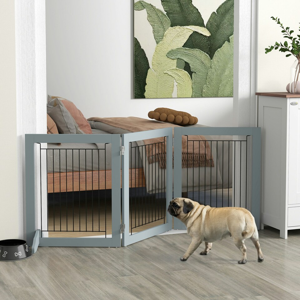 image 1 of PawHut Foldable Wooden Pet Gate w/ 3 Panels 2 Support Feet for Small Dogs