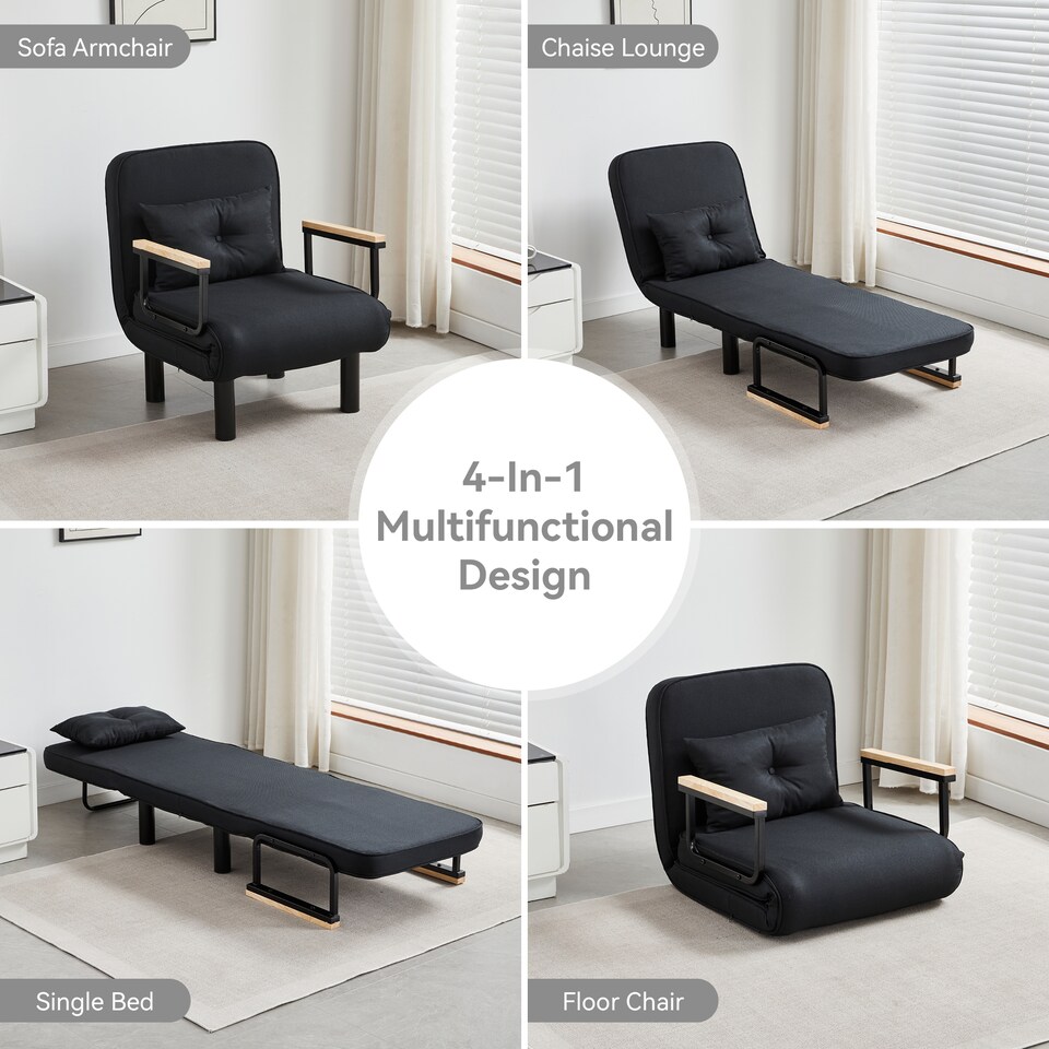 image 1 of 4 in 1 Folding Single Sofa Bed Convertible Lounge Sleeper Chair with Adjustable Backrest and Large Cushion Black