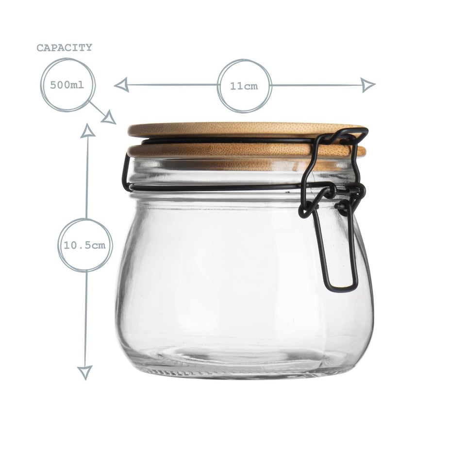 image 1 of Argon Tableware Glass Storage Jar - Wooden Clip Lid - 500ml - Airtight Kitchen Container Round Preserving Jar with White Seal