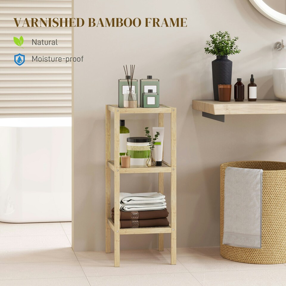 image 1 of HOMCOM 3 or 4-Tier Bathroom Storage Shelving Unit Bamboo Shelves Yellow