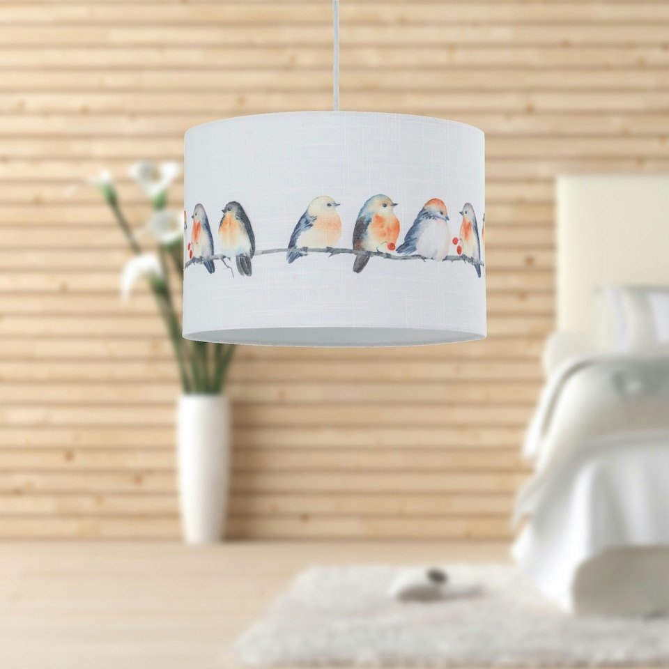 image 1 of First Choice Lighting Set of 2 Branch Bird Print Linen Easy Fit 30cm Pendant Shades Multi