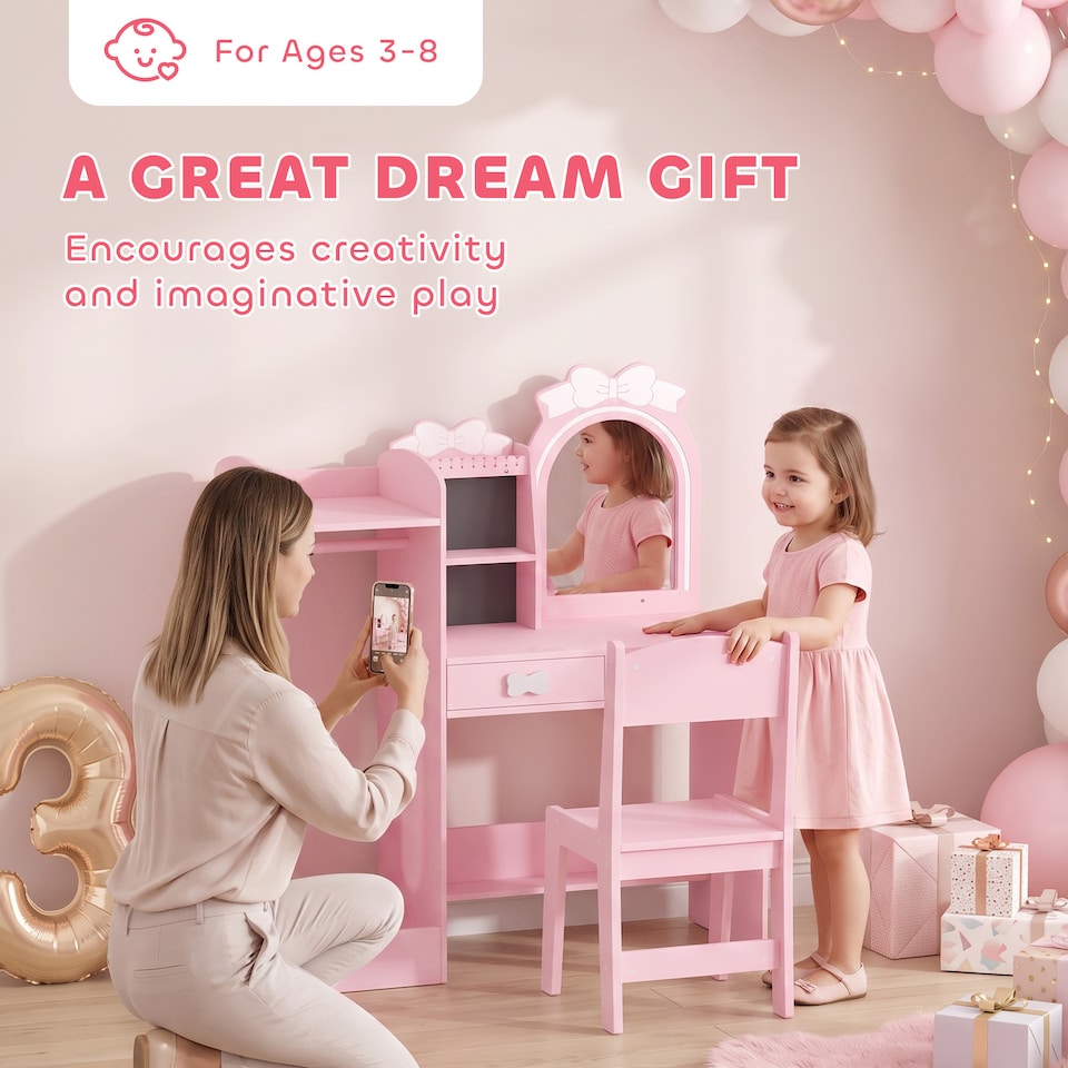 image 1 of AIYAPLAY Kids Dressing Table with Stool, 2-Colour Lights Mirror, Pink