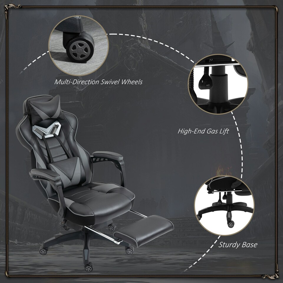 image 1 of Vinsetto Ergonomic Gaming Chair Manual Reclining Chair with Footrest Grey