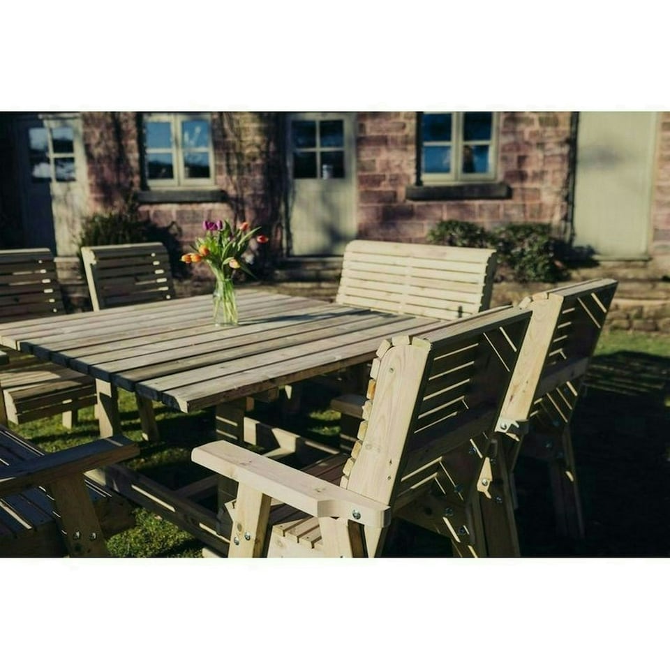 image 1 of Ergo 8 Seater Square Table - 2 Benches, 4 Chairs - L149 x W149 x H77 cm - Min. Assembly Required - Set of WP. Cushions Included
