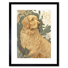 Golden Retriever Dog Nature Soft Pastel Colour 9x7" Black Framed Wall Art Print