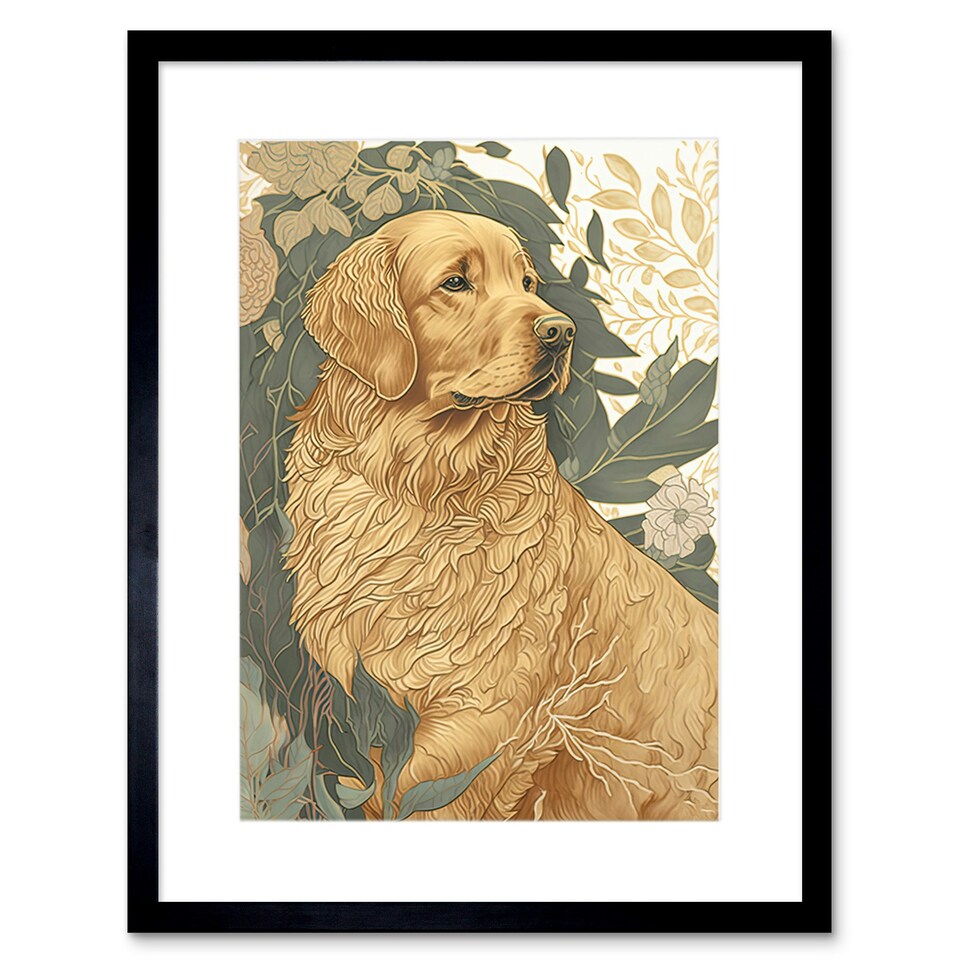 image 1 of Golden Retriever Dog Nature Soft Pastel Colour 9x7" Black Framed Wall Art Print