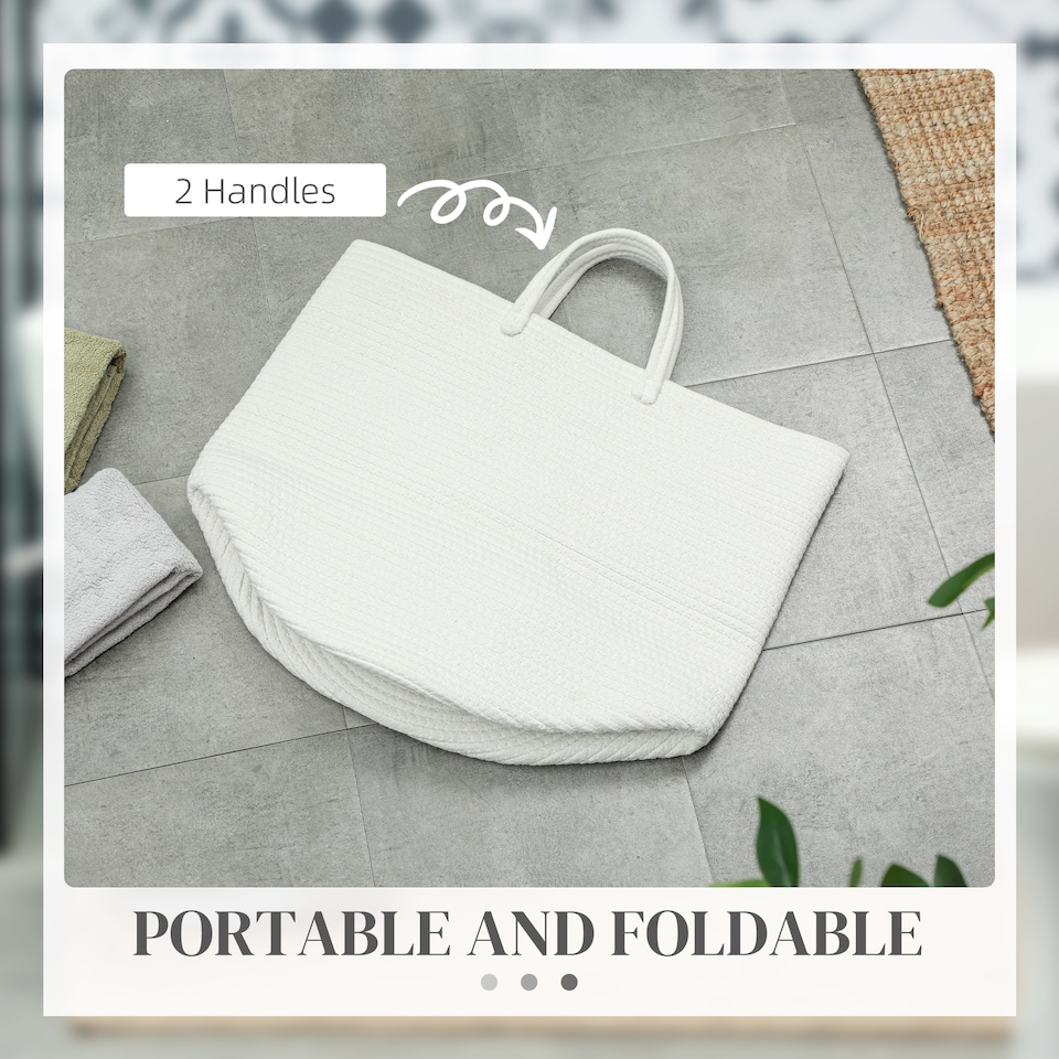 image 1 of HOMCOM 36L Laundry Hamper, Cotton Rope Laundry Basket with Handles, Collapsible Washing Bin, 38 x 45cm, Cream White